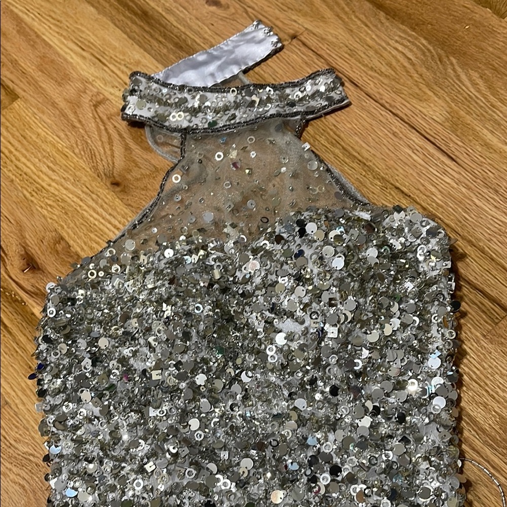 Silver Ruffled One Shoulder Backless Gown - Picture 2 of 6